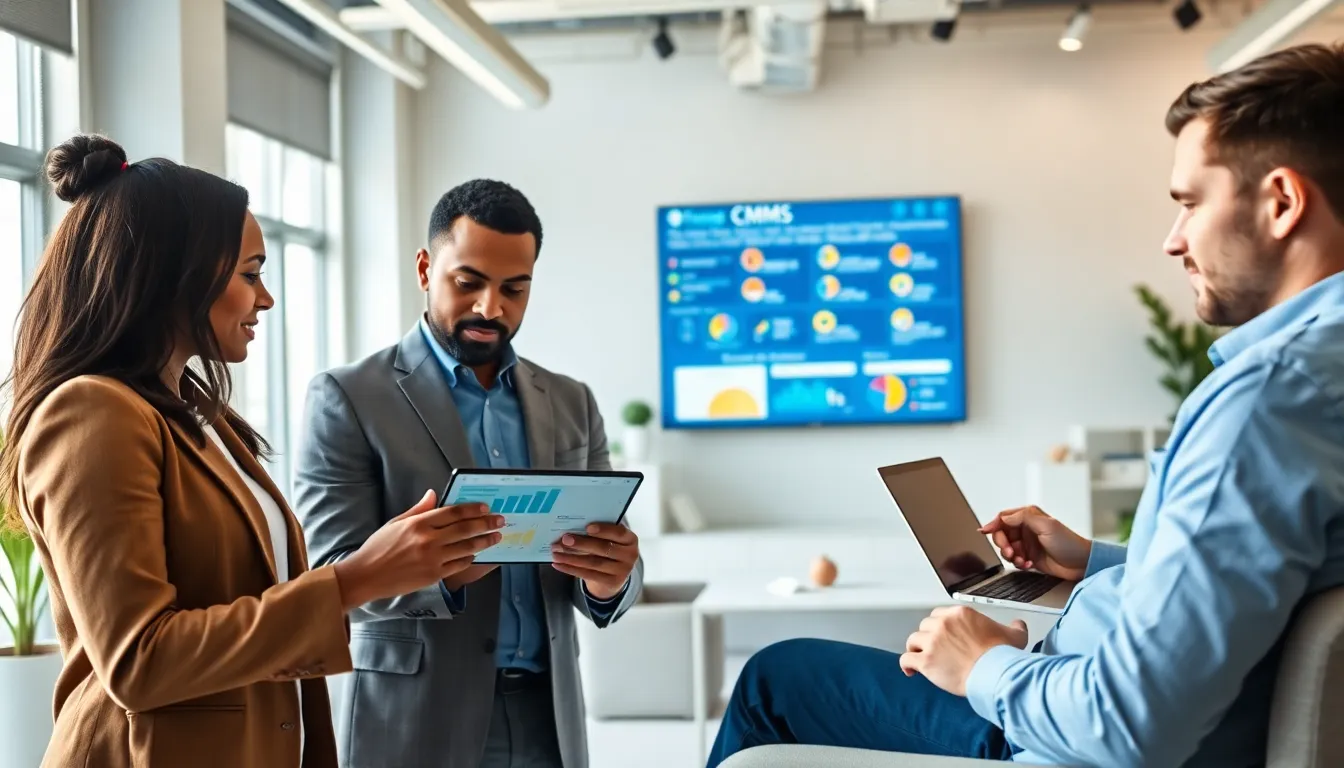 diverse team discussing CMMS mobile apps in a modern office setting.