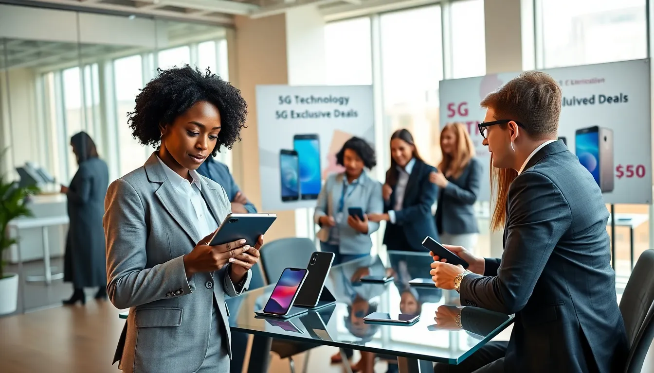 diverse professionals discussing US mobile phone deals in a modern office.