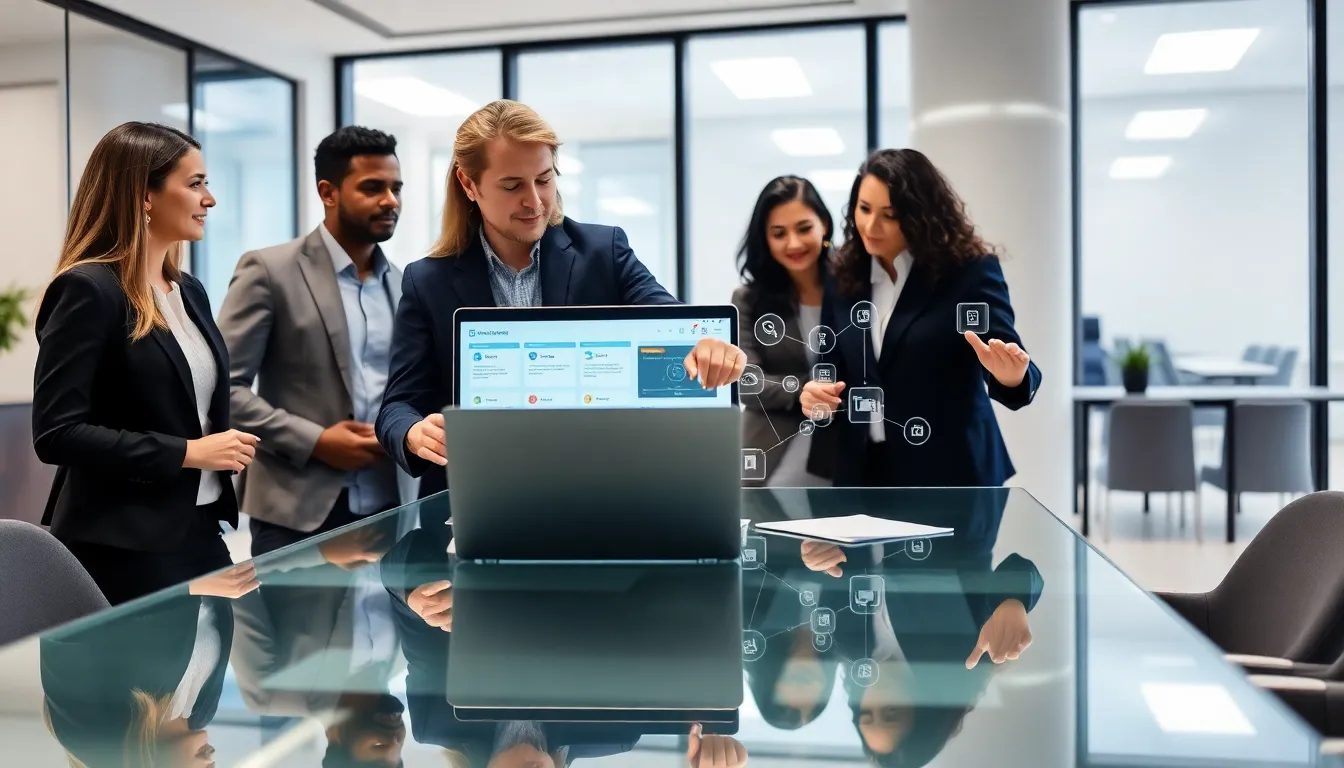 diverse team discussing custom business application development in a modern office.